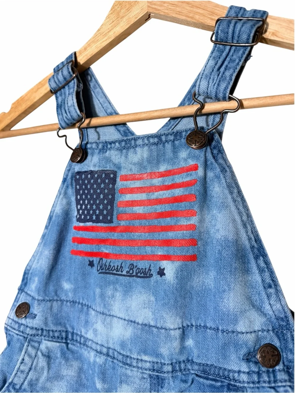 OshKosh B'gosh Acid-Wash Denim Short Overalls with Flag Patch Blue & Red